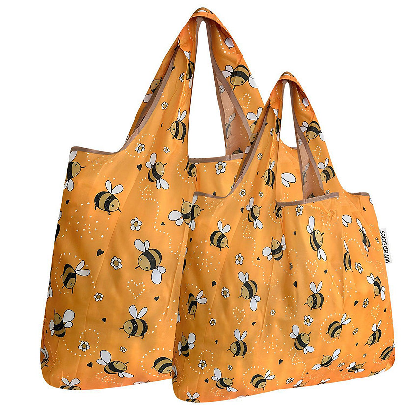 Wrapables Large & Small Foldable Tote Nylon Reusable Grocery Bags, Set of 2, Yellow Bees Image