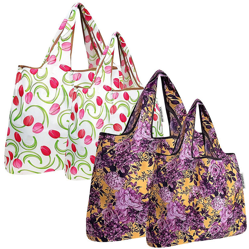 Wrapables Large & Small Foldable Tote Nylon Reusable Grocery Bags, Set of 4, Tulips & Lavender Image