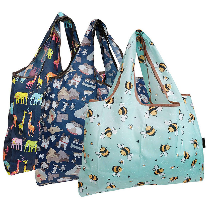 Wrapables Large Foldable Tote Nylon Reusable Grocery Bag, 3 Pack, Animal Fun Image