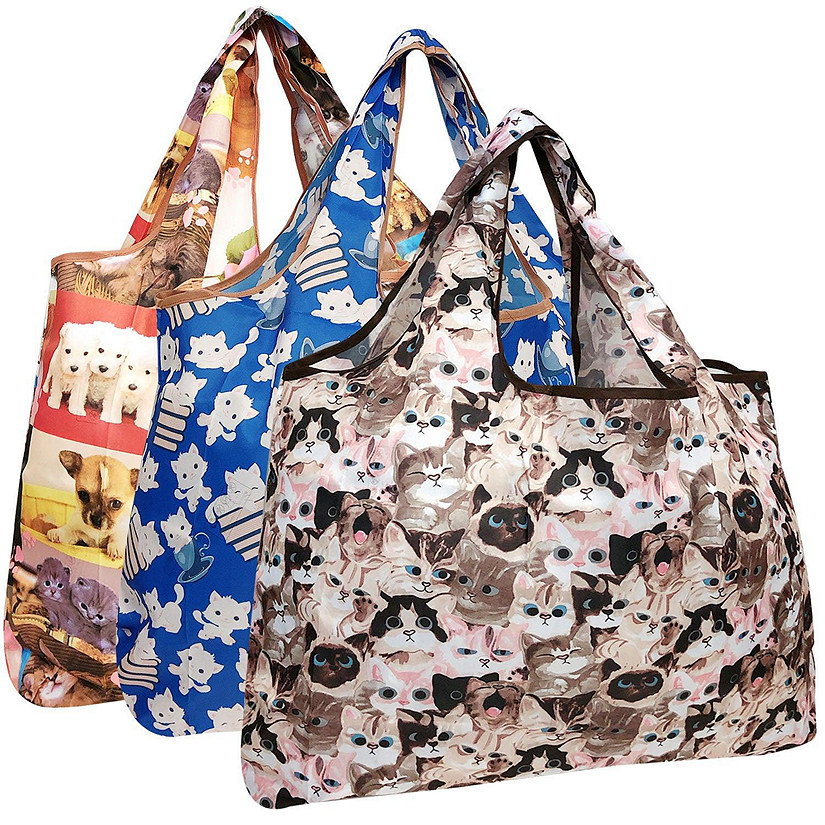 Wrapables Large Foldable Tote Nylon Reusable Grocery Bag, 3 Pack, Kitties & Puppies Image