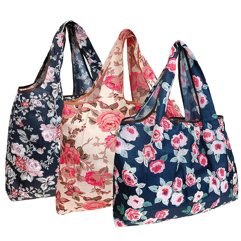 Wrapables Large Foldable Tote Nylon Reusable Grocery Bag, 3 Pack, Lovely Flowers Image