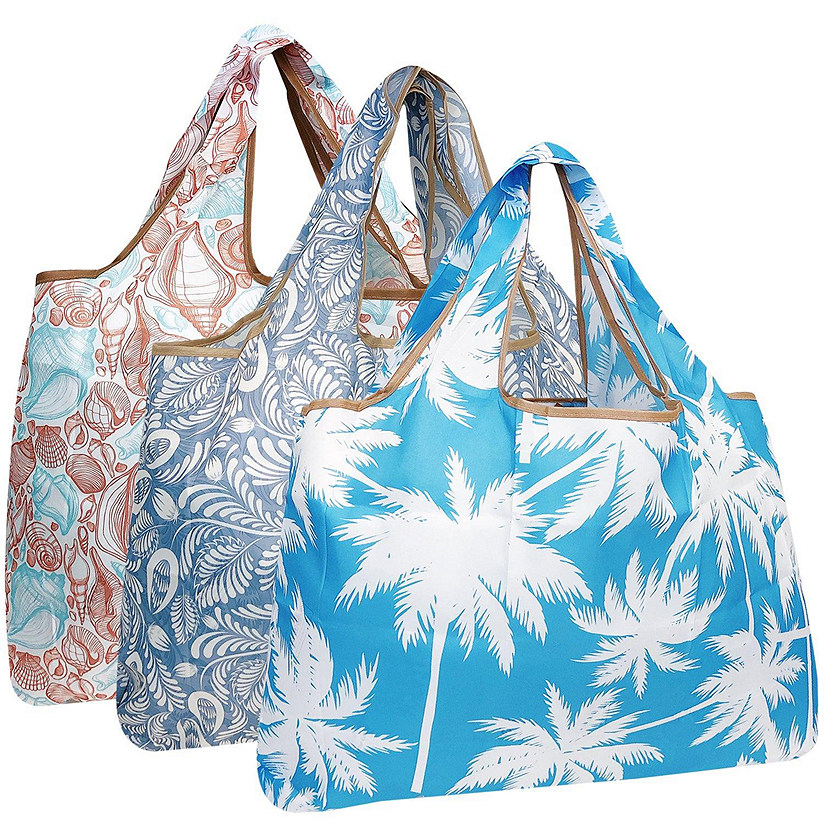 Wrapables Large Foldable Tote Nylon Reusable Grocery Bag, 3 Pack, Ocean Breeze Image