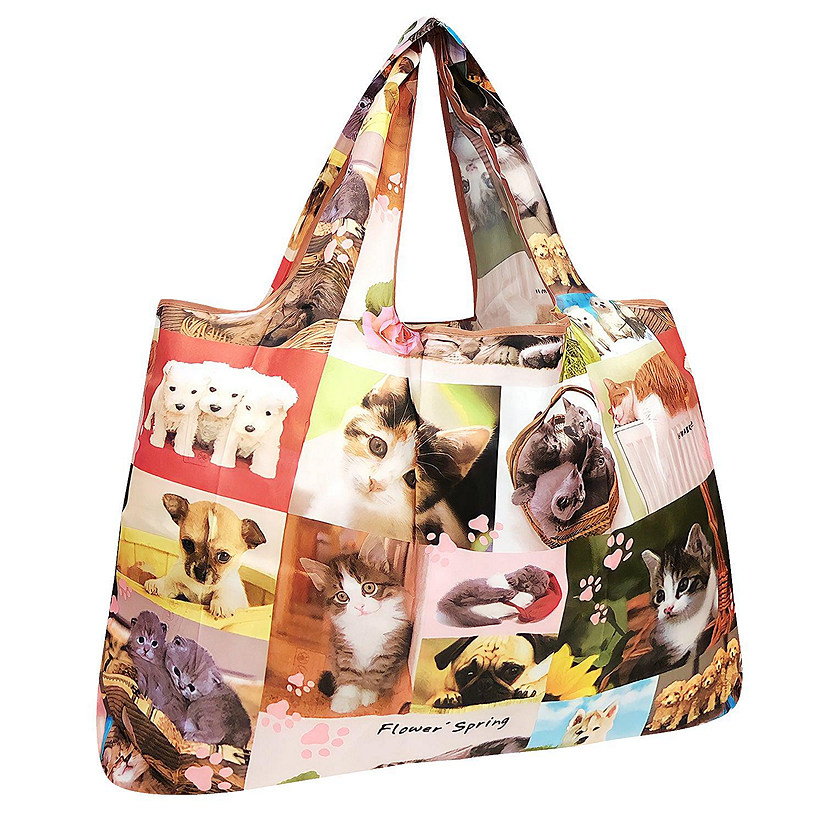 Wrapables Large Foldable Tote Nylon Reusable Grocery Bag, Cats & Dogs Image