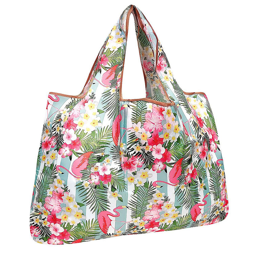 Wrapables Large Foldable Tote Nylon Reusable Grocery Bag, Flamingos & Tropical Flowers Image