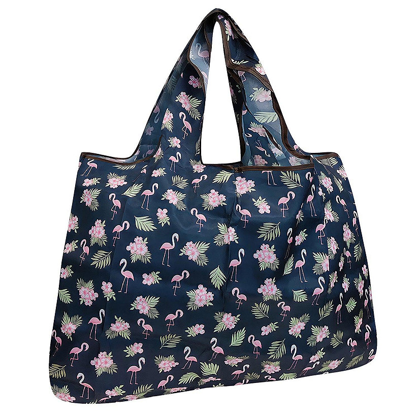 Wrapables Large Foldable Tote Nylon Reusable Grocery Bag, Flamingos Image