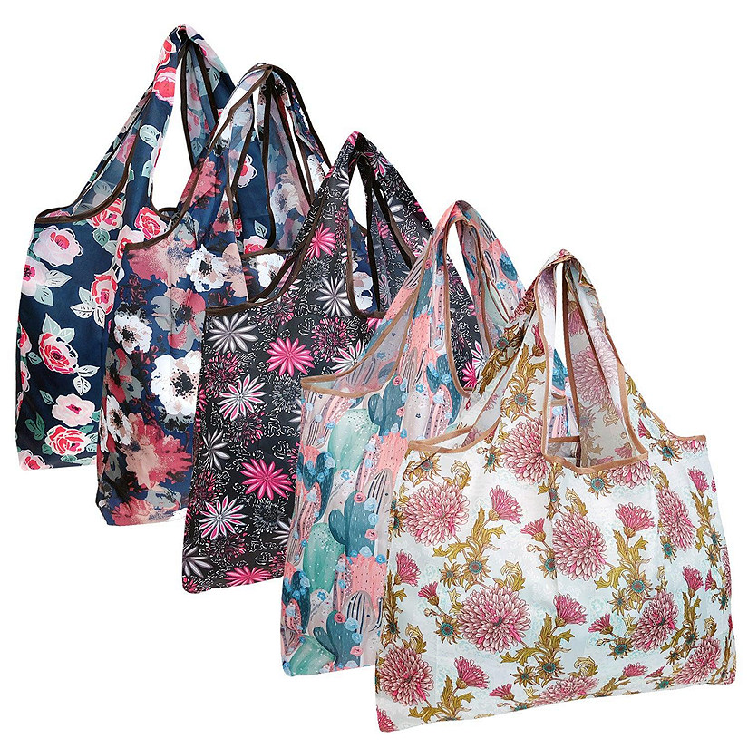 Wrapables Large Foldable Tote Nylon Reusable Grocery Bags, 5 Pack, Amazing Bloom Image