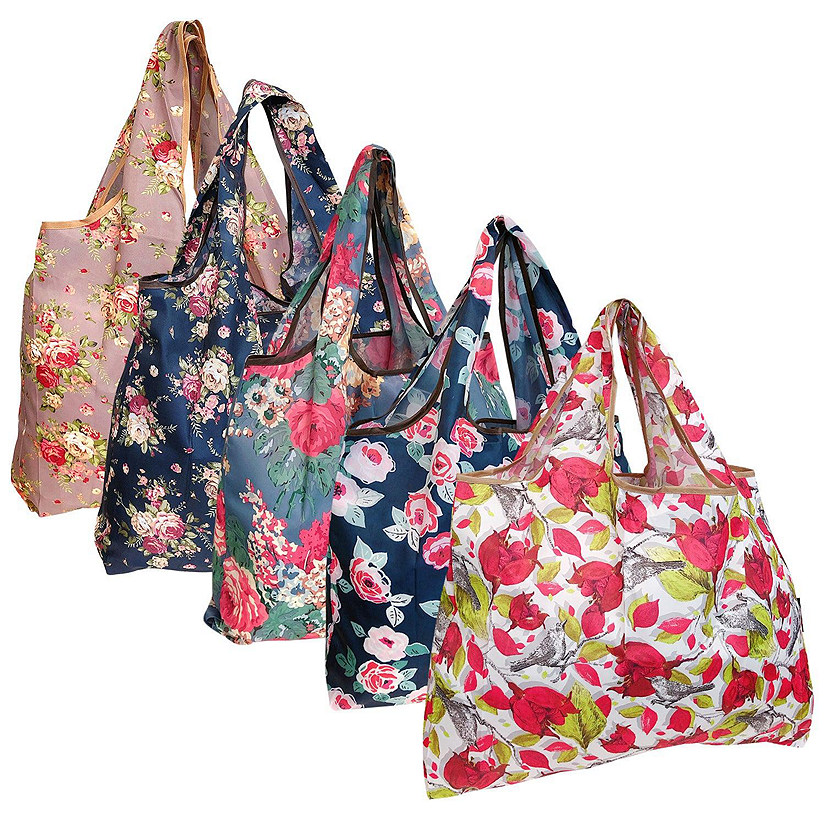 Wrapables Large Foldable Tote Nylon Reusable Grocery Bags, 5 Pack, Assorted Floral Image