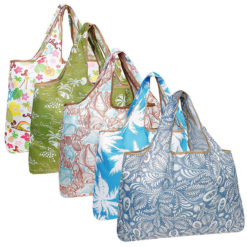 Wrapables Large Foldable Tote Nylon Reusable Grocery Bags, 5 Pack, Carefree Paradise Image