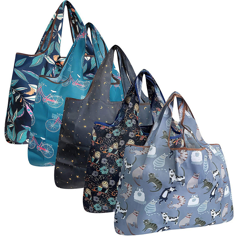 Wrapables Large Foldable Tote Nylon Reusable Grocery Bags, 5 Pack, Nighttime Adventures Image