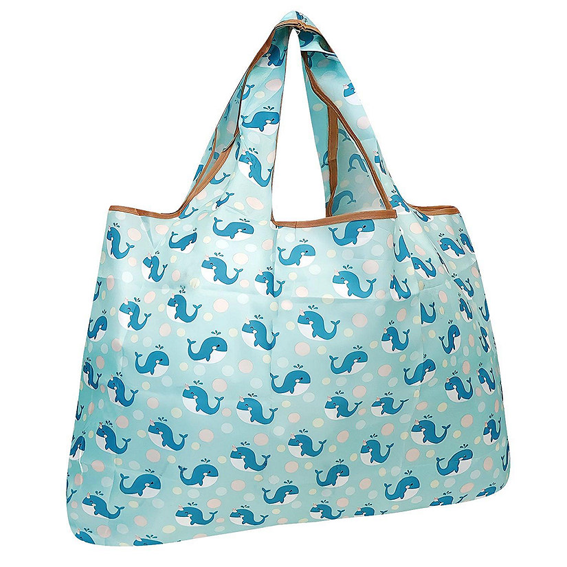 Wrapables Large Foldable Tote Nylon Reusable Grocery Bags, Blue Whales Image