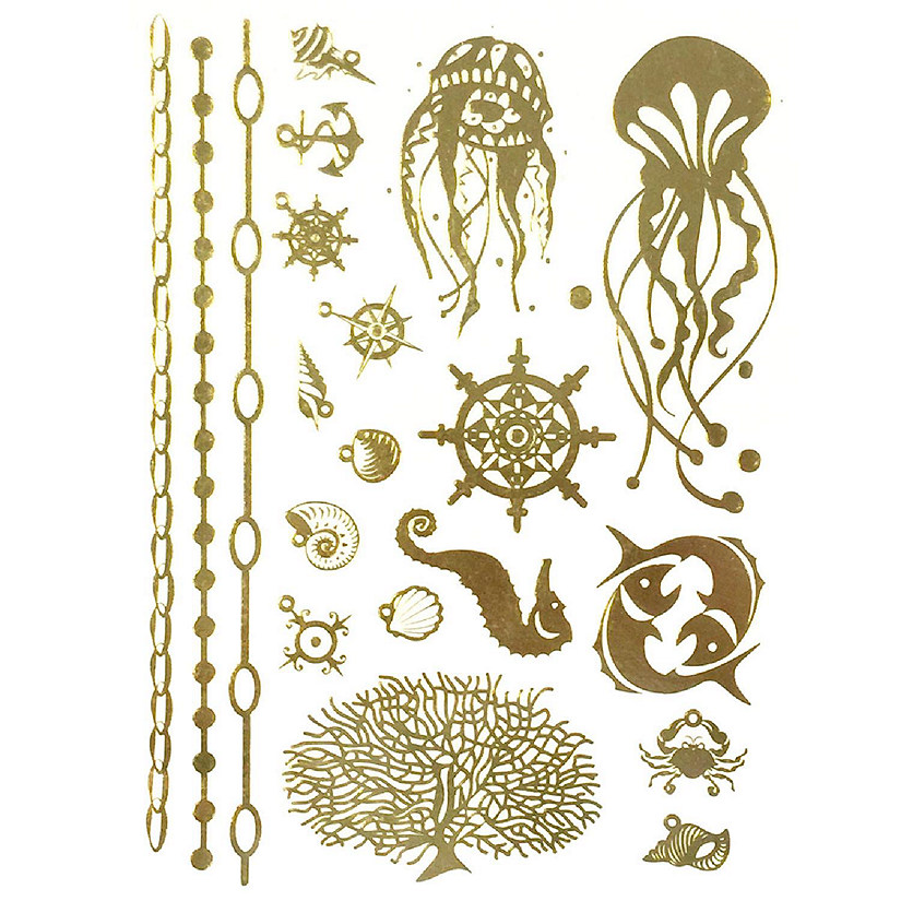 Wrapables Large Metallic Gold Silver and Black Body Art Temporary Tattoos, Aquatic Life Image