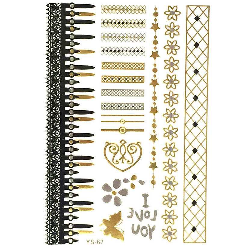 Wrapables Large Metallic Gold Silver and Black Body Art Temporary Tattoos, Daisies, Stars, and Bands Image