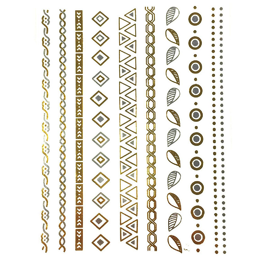 Wrapables Large Metallic Gold Silver and Black Body Art Temporary Tattoos, Diamonds, Triangles, Leaves, Circles Image
