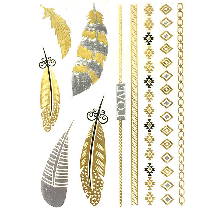 Wrapables Large Metallic Gold Silver and Black Body Art Temporary Tattoos, Feathers and Bands Image