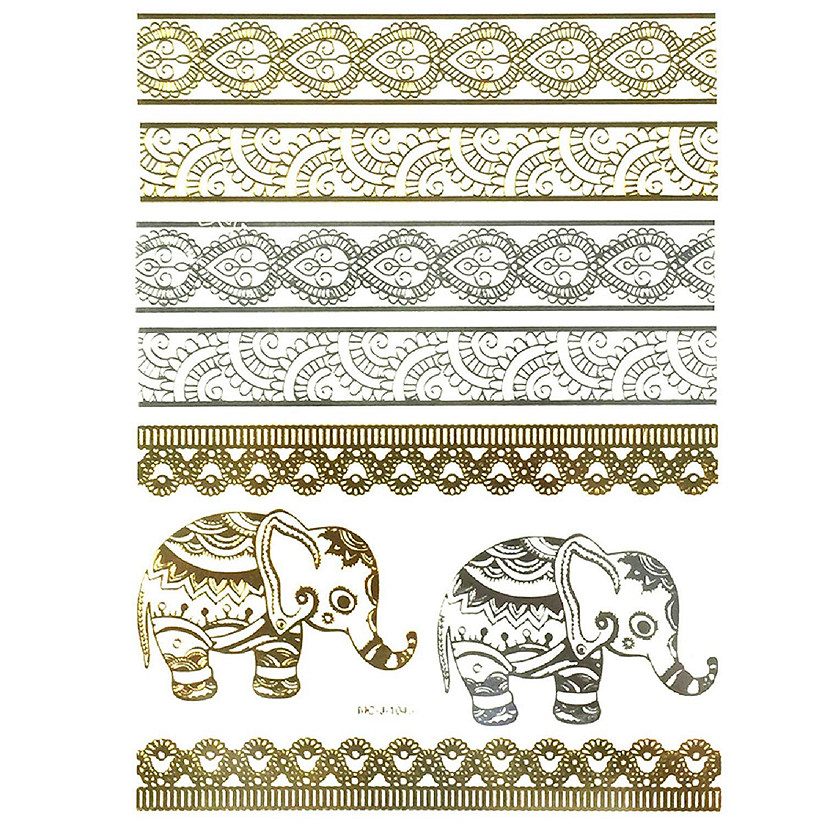 Wrapables Large Metallic Gold Silver and Black Body Art Temporary Tattoos, Persian Elephants Image