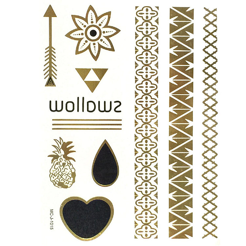Wrapables Large Metallic Gold Silver and Black Body Art Temporary Tattoos, Pineapple, Heart, Teardrop, Arrow Image