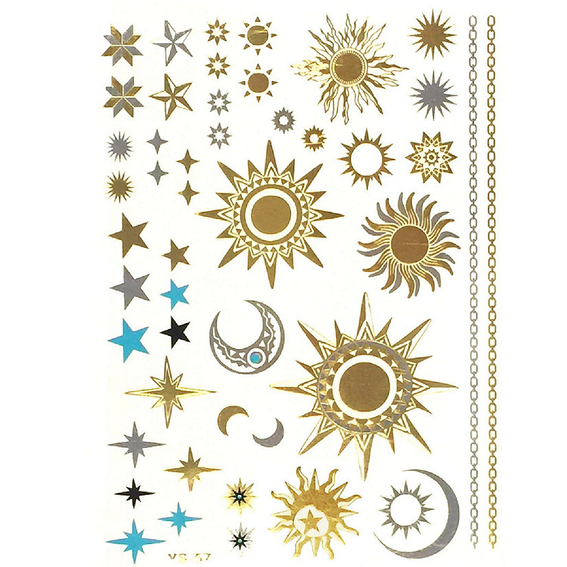Wrapables Large Metallic Gold Silver and Black Body Art Temporary Tattoos, Sun, Moon, Stars Image