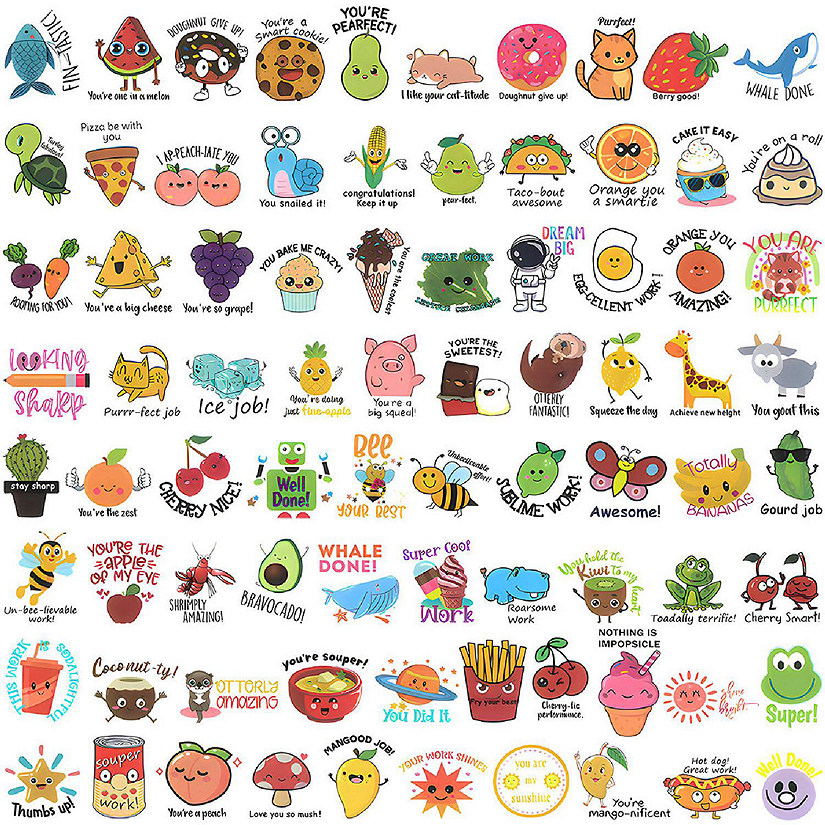 Wrapables Motivational Reward Vinyl Stickers, 8 sheets (160pcs), Food & Animals Image