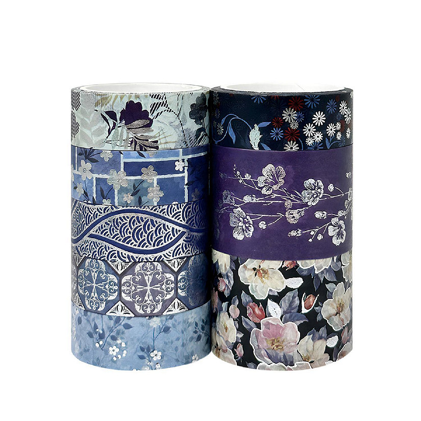 Wrapables Nature Metallic Foil Washi Tape Set (8 Rolls), Cool Blue Floral Image