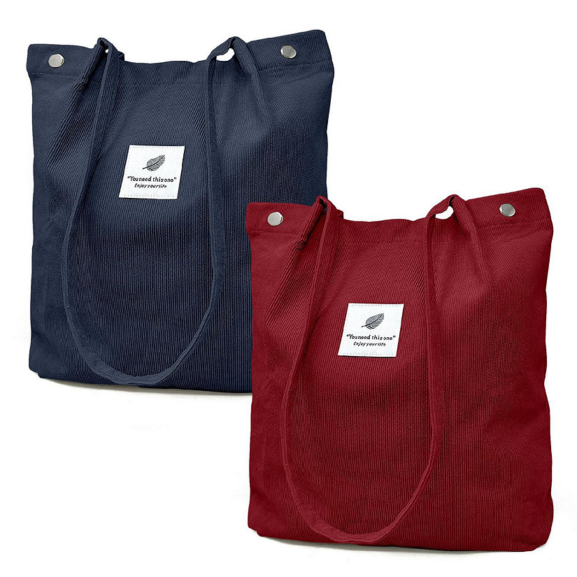 Wrapables Navy/Red Corduroy Tote Bag, Casual Everyday Shoulder Handbag, 2pcs Image