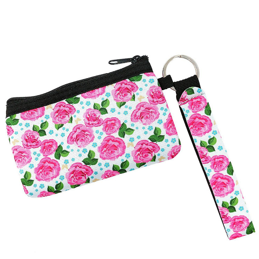 Wrapables Neoprene Mini Wristlet Wallet / Credit Card ID Holder with Lanyard, Pink Roses Image