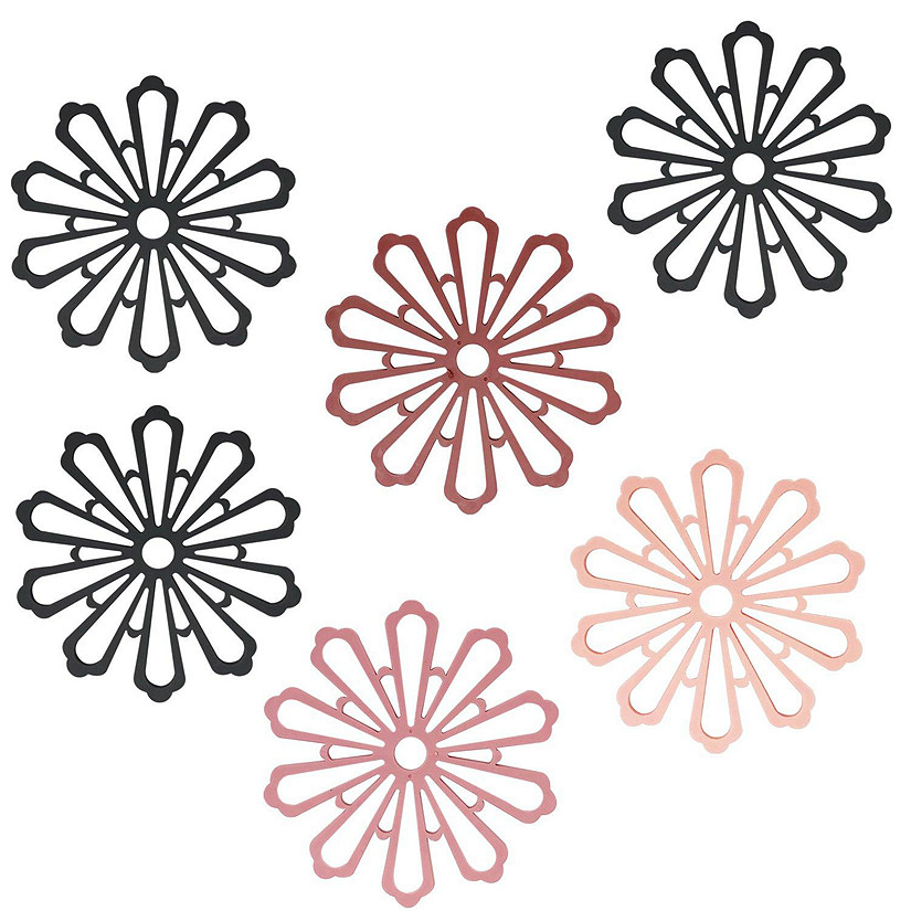 Wrapables Non-Slip Insulated Silicone Carved Trivets, Flexible and Durable Floral Coasters, Multi-Use Pot Holders (Set of 6), Pinks & Black Image