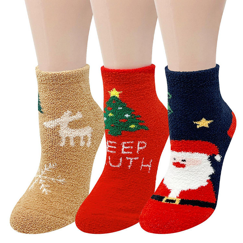Wrapables Novelty Winter Warm Christmas Fuzzy Slipper Socks for Women (Set of 3), Santa Image