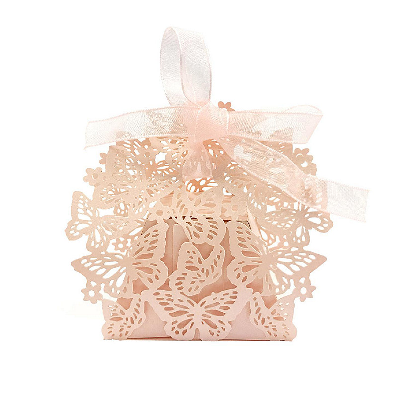 Wrapables Pink Butterflies Wedding Party Favor Boxes Gift Boxes with Ribbon (Set of 50) Image