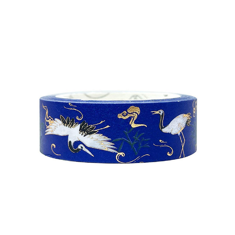 Wrapables Poetic Picturesque 15mm x 5M Gold Foil Washi Masking Tape, Cranes in Blue Image