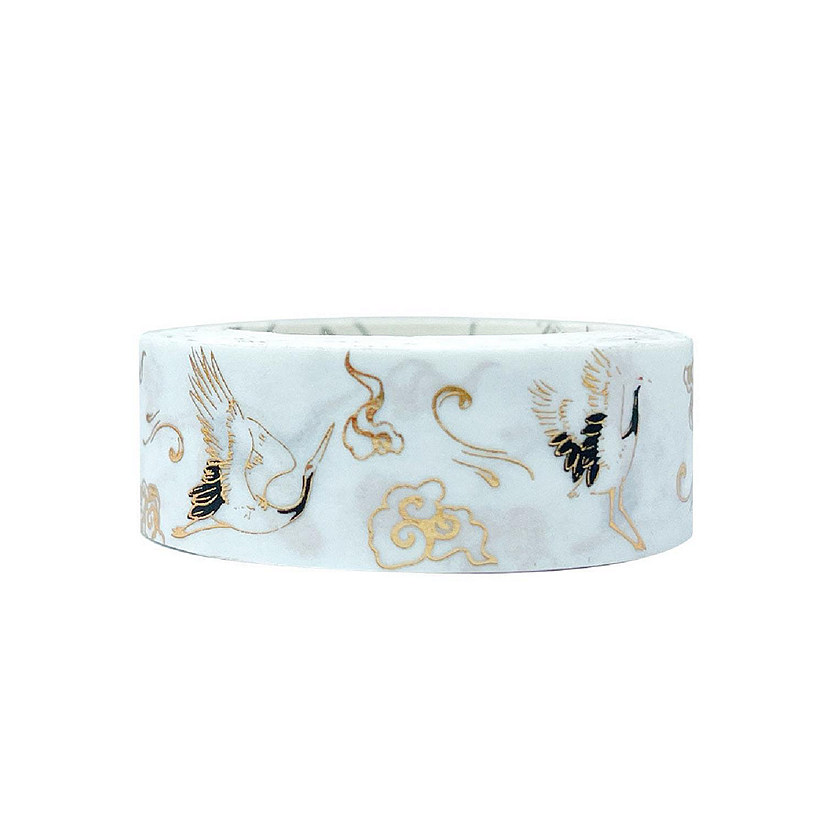 Wrapables Poetic Picturesque 15mm x 5M Gold Foil Washi Masking Tape, Cranes in White Image