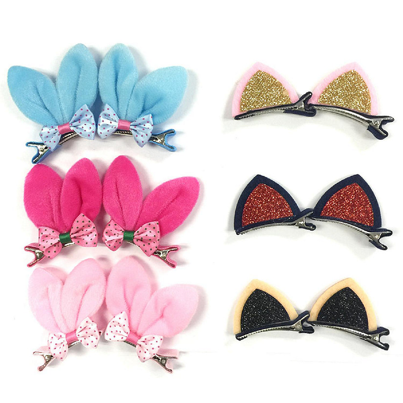 Wrapables Rabbit Ears & Cat Ears Girls Glitter Hair Clips Animal Hair Clip Hair Accessory (Set of 6) Image