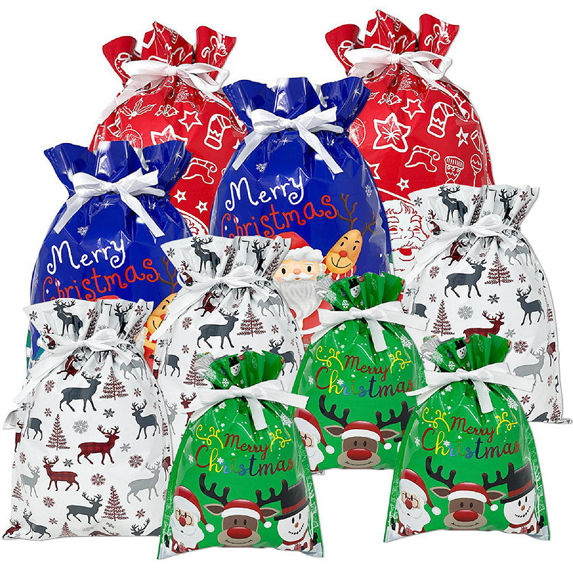 Wrapables Red & Green Aluminum Foil Holiday Drawstring Christmas Gift Bags (Set of 10) Image