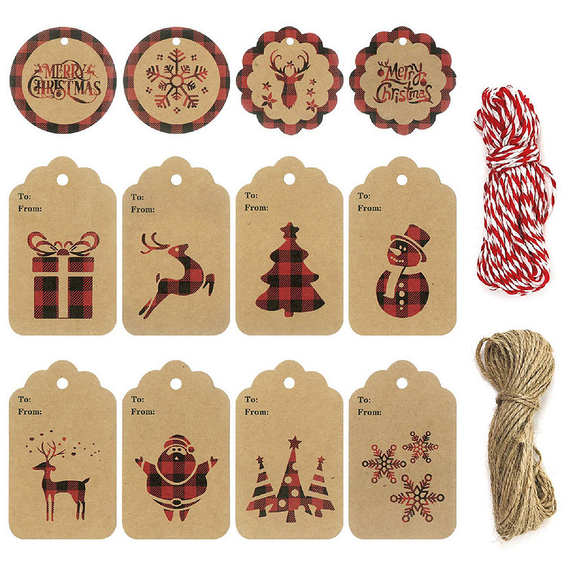 Wrapables Red Plaid Christmas Holiday Gift Tags/Kraft Paper Hang Tags with Bakers Twine and Jute String (120pcs) Image