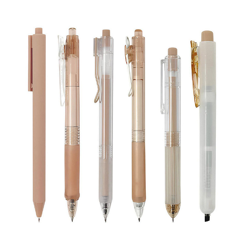 Wrapables Retractable Rollerball Pens and Highlighter Set, 0.5mm Black Gel Ink Pens (Set of 6), Brown Image