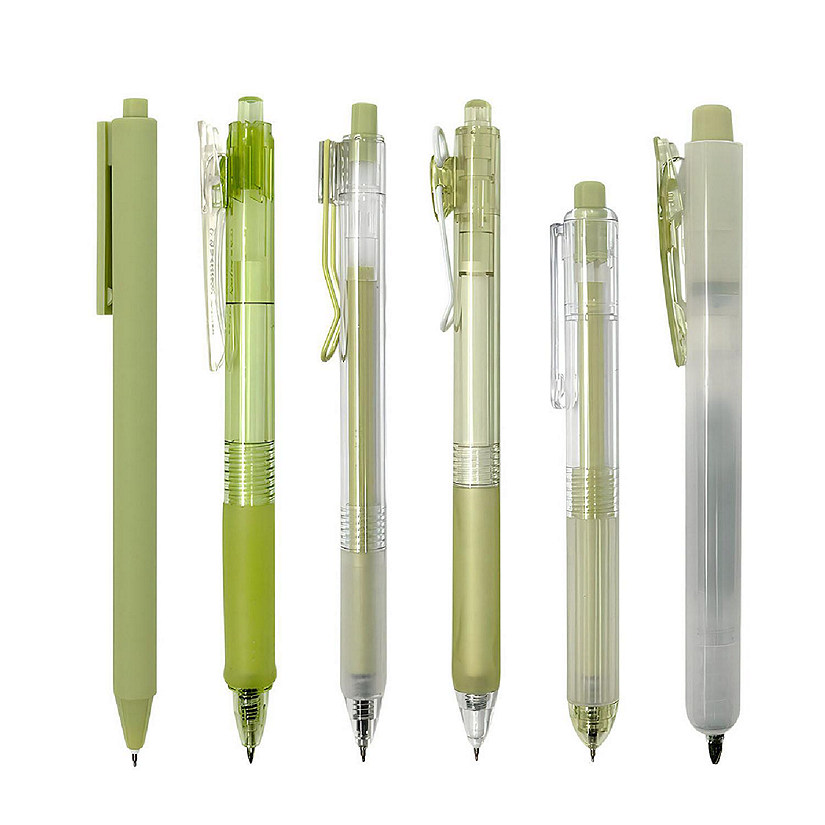 Wrapables Retractable Rollerball Pens and Highlighter Set, 0.5mm Black Gel Ink Pens (Set of 6), Green Image