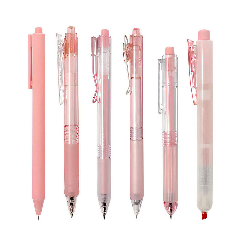 Wrapables Retractable Rollerball Pens and Highlighter Set, 0.5mm Black Gel Ink Pens (Set of 6), Pink Image