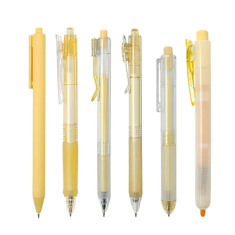 Wrapables Retractable Rollerball Pens and Highlighter Set, 0.5mm Black Gel Ink Pens (Set of 6), Yellow Image