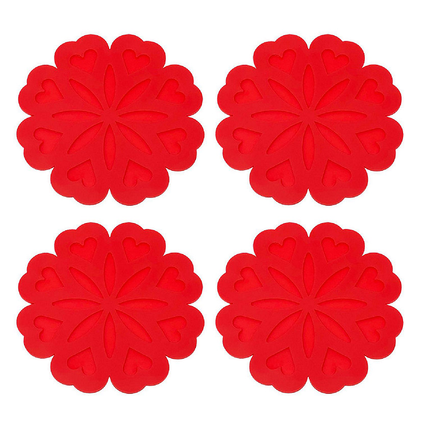 Wrapables Silicone Pot Holders, Multi-use Durable Flexible Non-Slip Insulated Silicone Trivet (Set of 4), Red Hearts Image