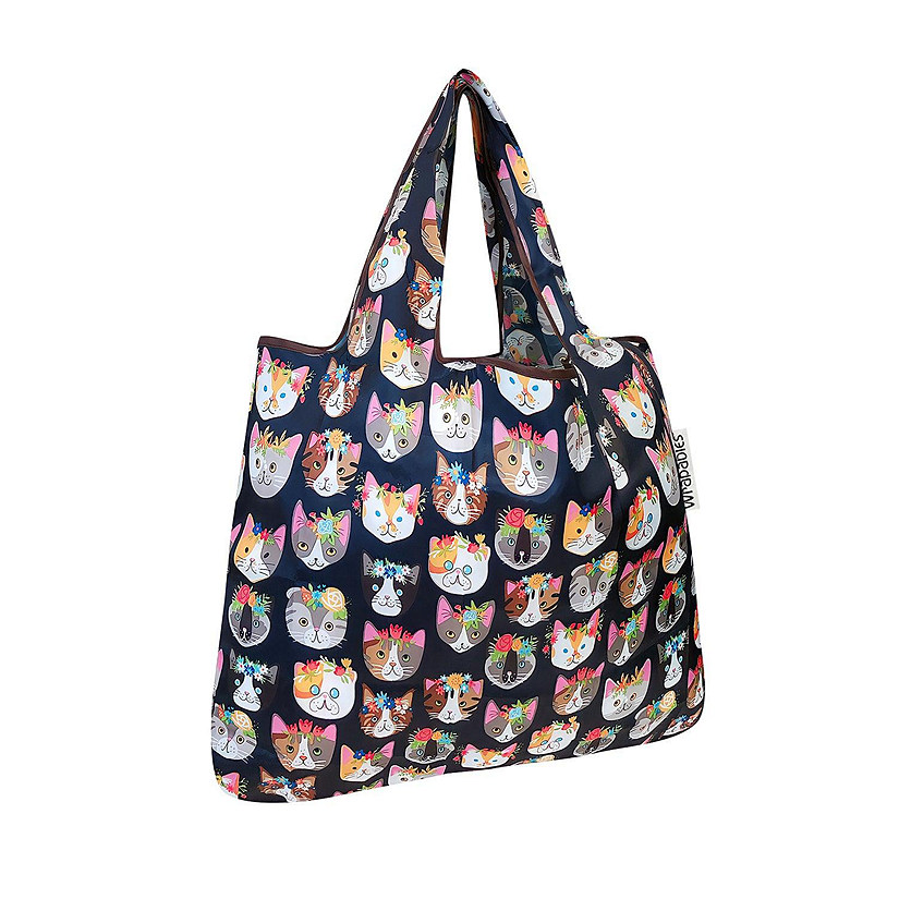 Wrapables Small Foldable Tote Nylon Reusable Grocery Bags, Crazy Cats Image