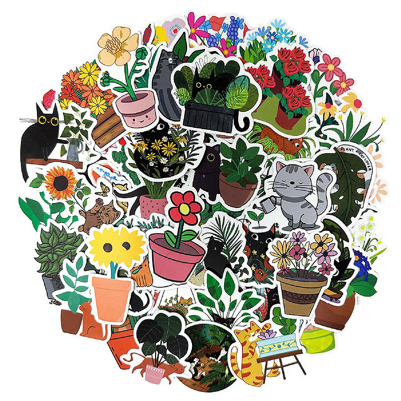 Wrapables Waterproof Vinyl Stickers for Water Bottles, Laptops 100pcs, Cats & Plants Image
