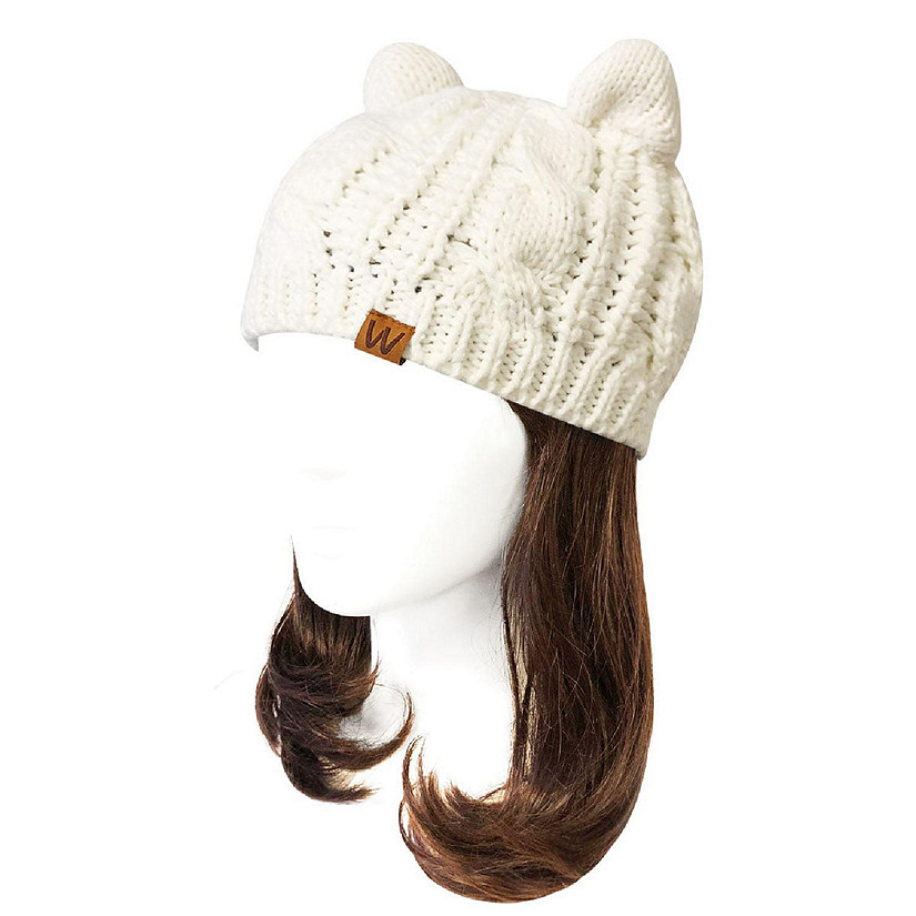 Wrapables Winter Warm Cable Knit Cat Ears Beanie, Cream Image