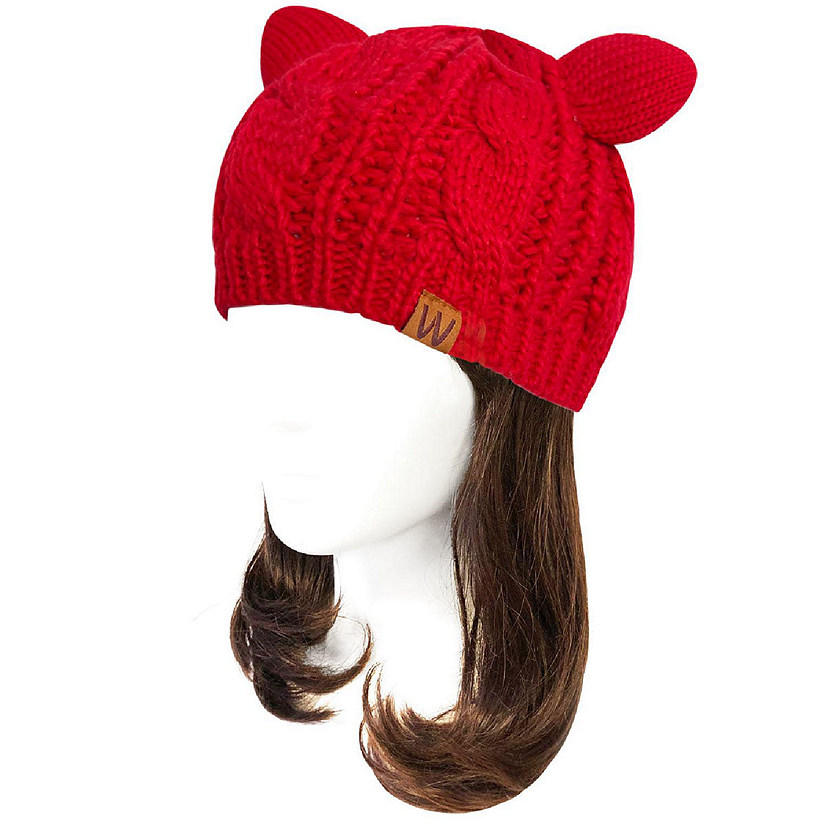 Wrapables Winter Warm Cable Knit Cat Ears Beanie, Red Image