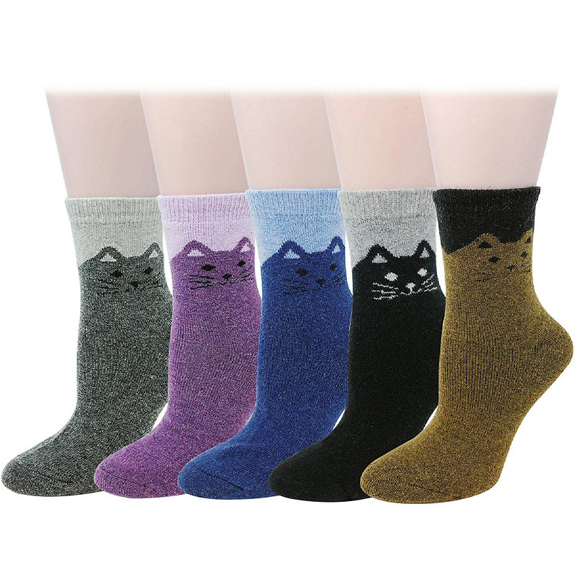 Wrapables Women's Thick Winter Warm Cat Print Wool Socks (Set of 5) Image