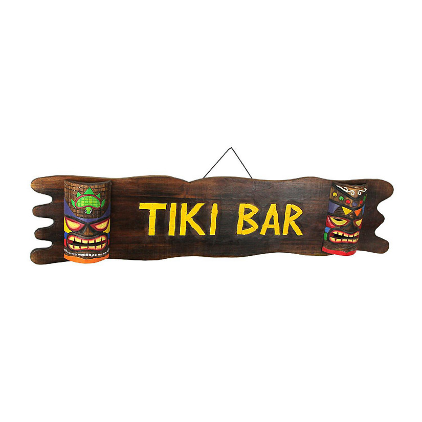 Zeckos 39 Inch Wood Tiki Bar Hanging Sign Hand Carved Decorative Mask Sculpture Decor Image