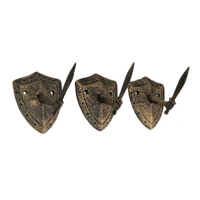Zeckos Cast Iron Bronze Sword & Shield Decorative Wall Hooks Towel Hanging Key Holder Set of 3 Image