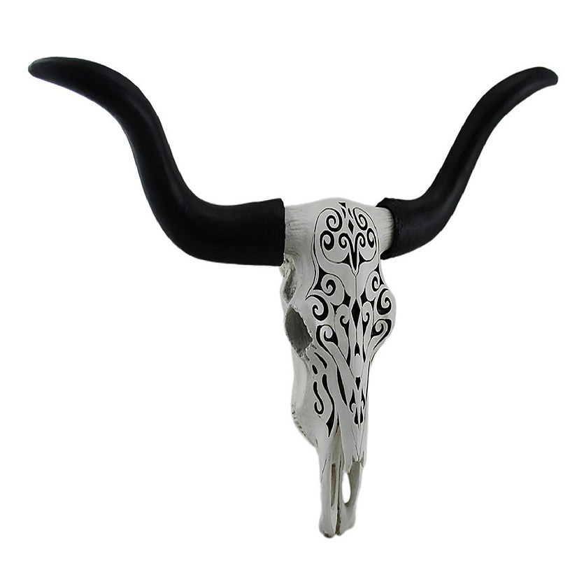 Zeckos Longhorn and Lace Exquisite Black & White Filigree Hand-Painted Design Steer Skull Wall Decor - 27.25 Inches Long - Western Charm Meets Art Deco Elegance Image