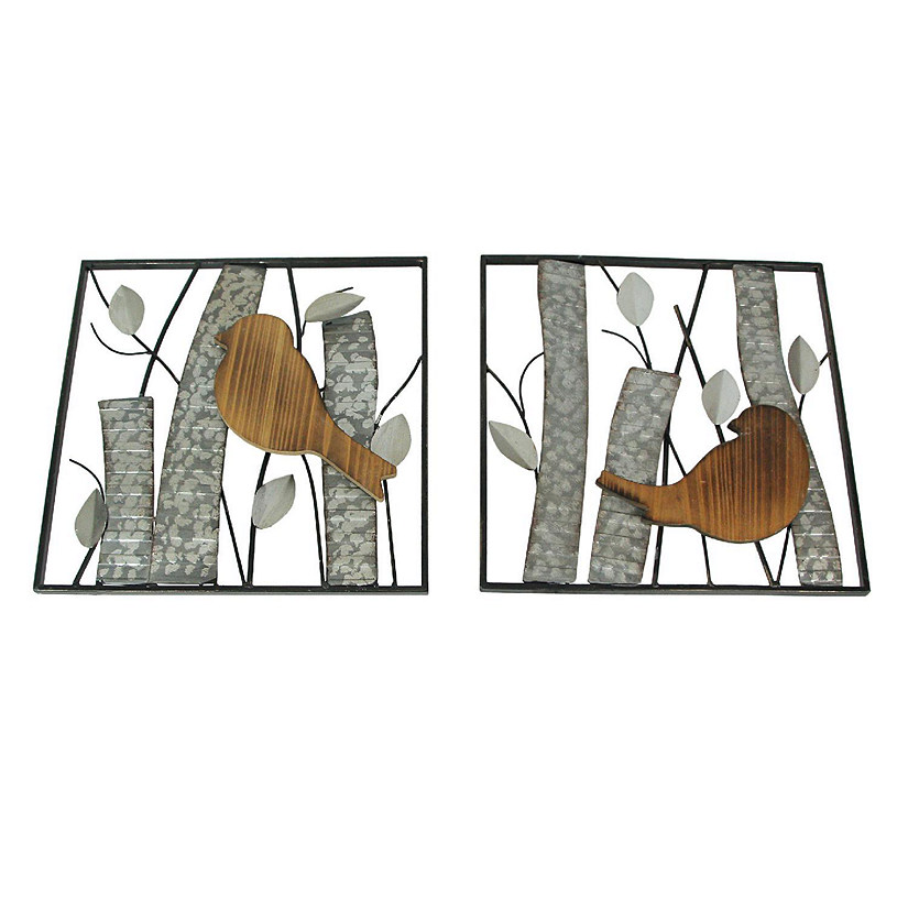 Zeckos Rustic Birds and Branches 2 Piece Wood and Metal Wall D&#233;cor Hanging Sculpture Set Image