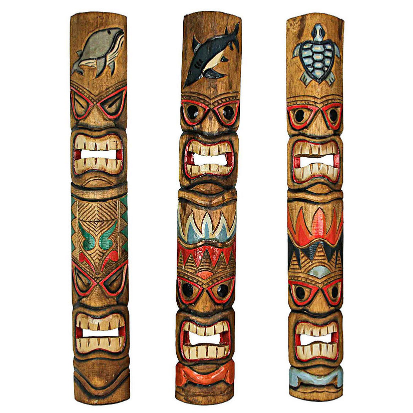 Zeckos Set of 3 Double Tiki Mask Ocean Animal Totem Hand Carved Wall Decor Sculpture 40 Inch Image