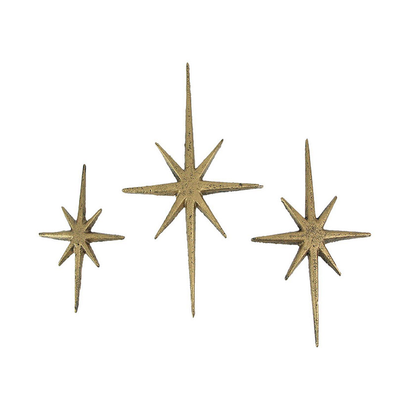 Zeckos Set of 3 Metallic Gold Cast Iron 8 Pointed Atomic Starburst Wall Hangings Mid Century Modern D&#233;cor Stars Image