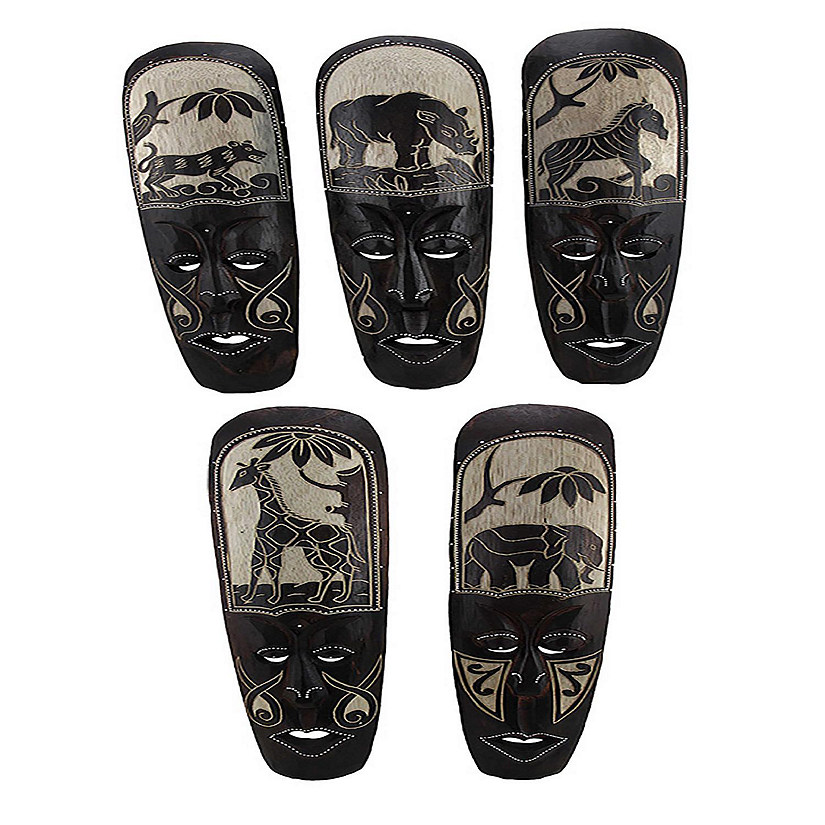 Zeckos Set of 5 20in African Animal Hand Carved Wooden Wall D&#233;cor Masks Image